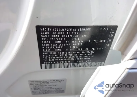 2015 Volkswagen Tiguan R-Line z USA, uszkodzony, nr VIN WVGAV7AX9FW092348